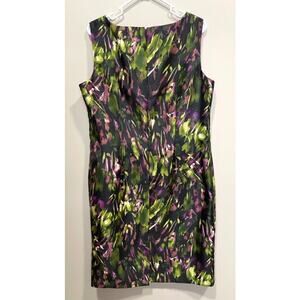 Le Suit Black Purple Green Floral Abstract Sleeveless Dress Sz 14